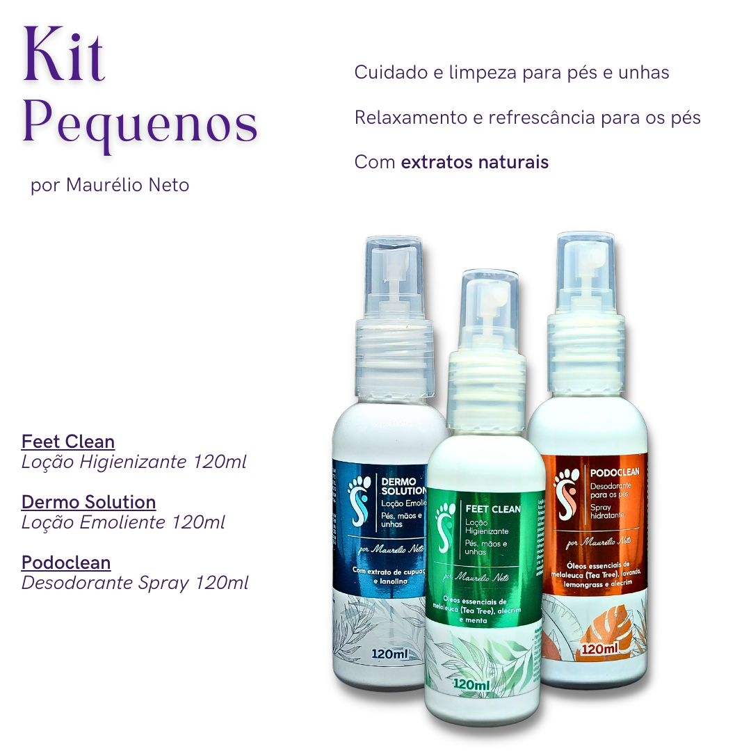 KIT FEET CLEAN (LOÇÃO) DERMO SOLUTION (EMOLIENTE) PODO CLEAN (DESODORANTE PARA OS PÉS E CALÇADOS) 120 ML