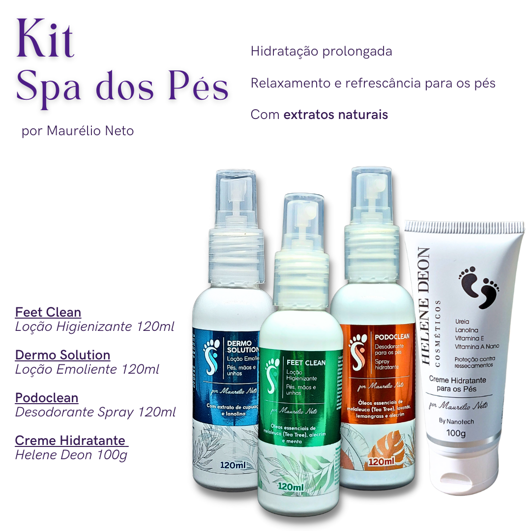 KIT SPA DOS PÉS FEET CLEAN (LOÇÃO) DERMO SOLUTION (EMOLIENTE) PODO CLEAN (DESODORANTE) HELENE DEON (CREME HIDRATANTE)