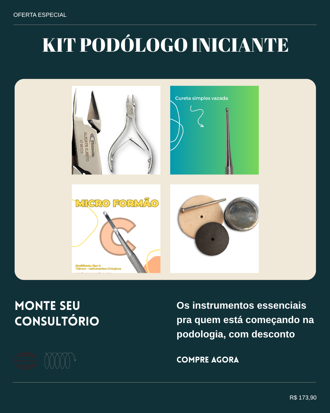 Kit Podólogo Iniciante — Alicate + Cureta + Formão + Kit de Afiação